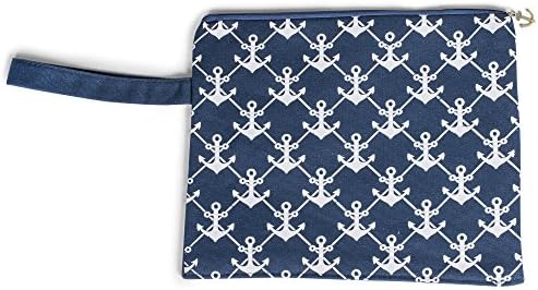 Nautical Anchors Navy Blue 11.5 x 9.5 Inch Canvas Zipper Waterproof Lined Bikini Bag