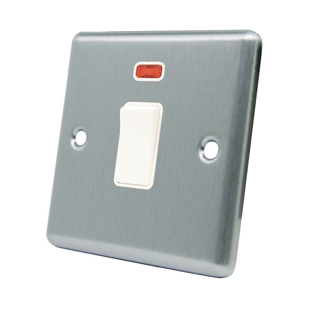 AET CSC20ASWIWH 20 A Satin Finish Chrome Classical Double Pole White Insert Plastic Rocker Switch with Neon Indicator