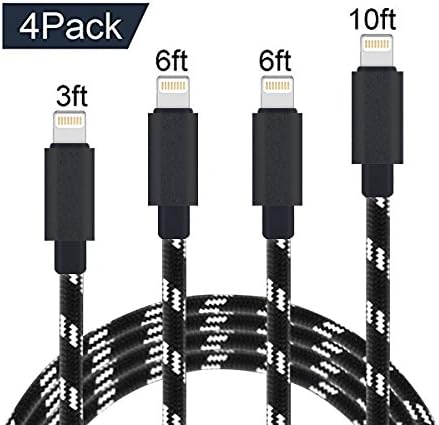 Yian iPhone Cable 4Pack 3FT 6FT 6FT 10FT Nylon Braided Certified Lightning to USB iPhone Charger Cord for iPhone 8 7 Plus 6S 6 SE 5S 5C 5, iPad 2 3 4 Mini Air Pro, iPod Nano 7- Black