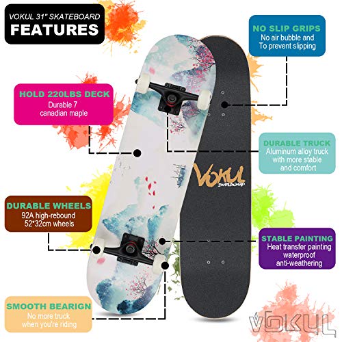 VOKUL Complete Skateboard for Kids Boys Girls Beginners - 31" X 8" inch Standard Skateboard with 7 Layer Maple Double Kick Concave Cruiser Skateboard with Beauty Pattern for Kids Youths Adults