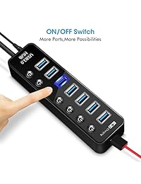 Transferencia de Datos USB 3.0 Hub, ELEGIANT USB 3.0 Hub 5 Puertos USB Hub, 4 puerto y un 2,4 A puerto de carga con separados interruptores y LEDs, soporte caliente para ordenadores PC portátil