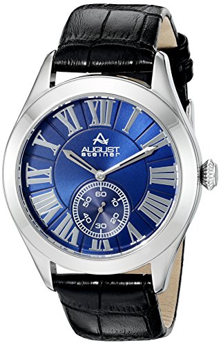 August Steiner Men's AS8203SSBU Silver Multifunction Quartz Watch with Blue Dial and Black Embossed Leather Strap