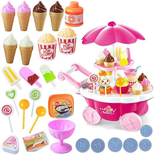 Pengcheng Ice Cream Cart 34 PCS Pretend Play Food Dessert and Candy Trolley Set Toy with Music and Lighting Kids and Girls Toys - Image 3