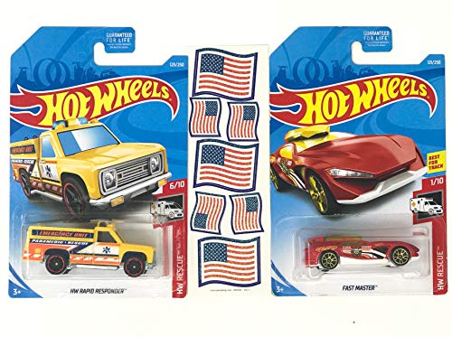 Cars HW Vehicles Yellow Ambulance & Red Fire Chief Rescue Bundle Plus American Flag Stickers