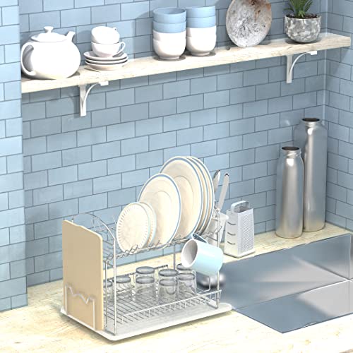 Simple Houseware 2Tier Metal Dish Rack with Drainboard, Chrome for