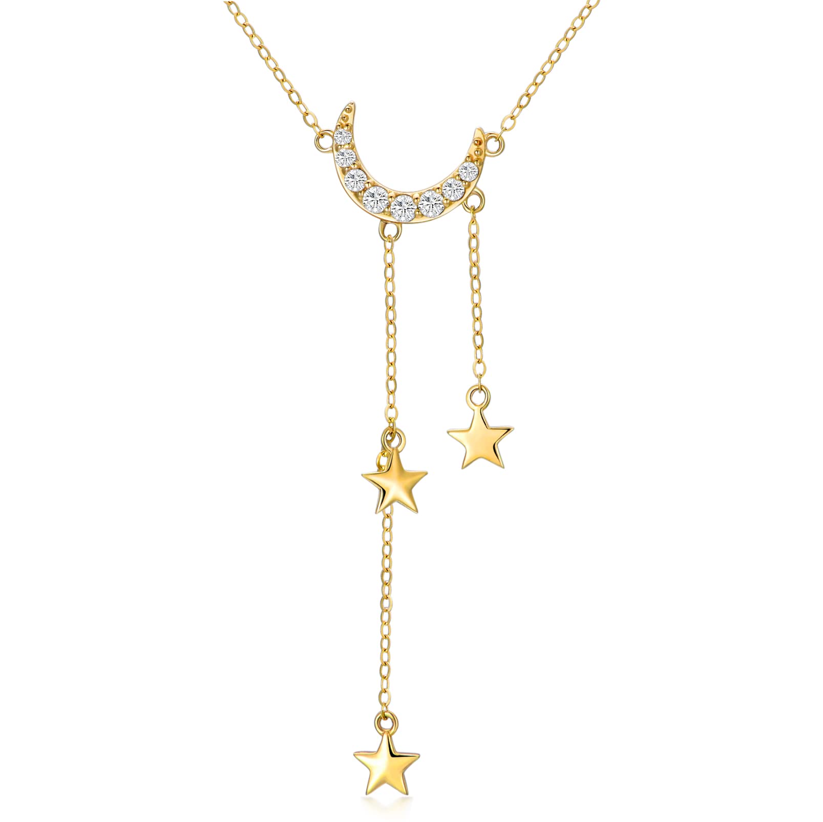 SISGEM 9 ct Gold Star and Moon Necklace, Solid Yellow Gold Star Night Y-Shaped Lariat Necklace, for Women Girls Ladies Mum Sisters, 16"+1"+1"