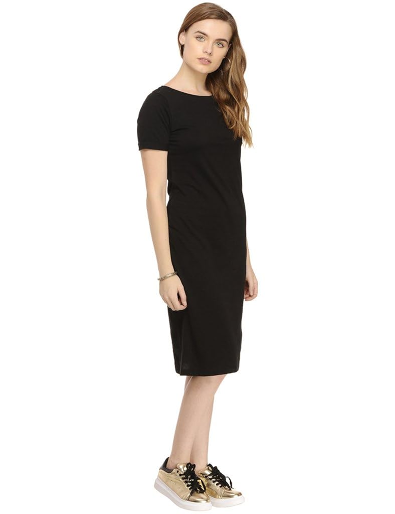 rigo black solid knee length half sleeve bodycon dress