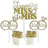 Shxstore Gold Mr Mrs Cake Topper Diamond Ring Cupcake Picks For Wedding Bridal Shower Engagement Decorations Supplies, 23 Counts