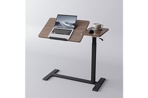 Miloyer Adjustable Overbed Bedside Table with Wheels Pneumatic Mobile Standing Laptop Desk Rolling Computer Cart Movable Overbed Table Hospital Home Use, Walnut