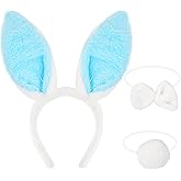 3 Pieces Bunny Costume Accessories Set – Plush Blue and White Rabbit Ears Headband, Bow Tie, and Tail for Kids and Adults, Easter Party, Halloween Dress-Up, and Animal-Themed Events