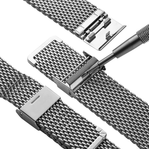 WatchGecko Classic Mesh Watch Strap, Polished or Satin Brushed Finish, 18-22mm. Men's Replacement Stainless Steel Band. Quick Release Spring Bars for Easy Changes