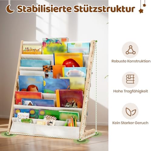 Bücherregal Kinder mit 6 Oxford-Stoff Fächern - Kinderbücherregal aus Naturholz - Bücherregal Kinderzimmer mit abgerundeten Ecken & platzsparend 63L x 30B x 76H cm（Naturholzfarbe
