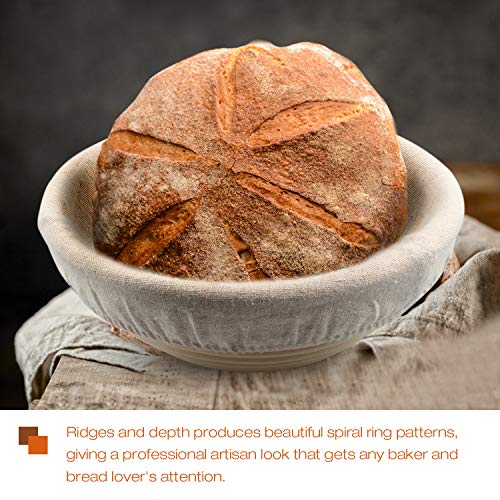 10" Banneton Bread Proofing Basket Set-Brotform Rattan Basket with(Cloth Liner,Dough Scraper,Bread Lame,Instruction) for Rising Round Crispy Crust Baked Bread Making Dough Loaf Boules