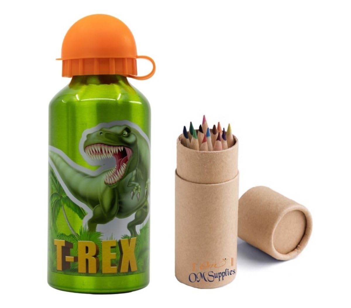 OM SUPPLIES Dinosaur T-Rex Characters Aluminium Sports Bottle 400ml - Holiday, Back to School Water Drinking Kids Lunch Children Includes Half Size 12pcs (Dinosaur)