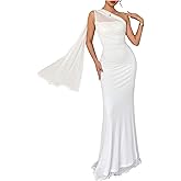 GORGLITTER Women's One Shoulder Mesh Bodycon Maxi Dress Ruched Sleeveless Fishtail Bridesmaid Wedding Guest Dresses