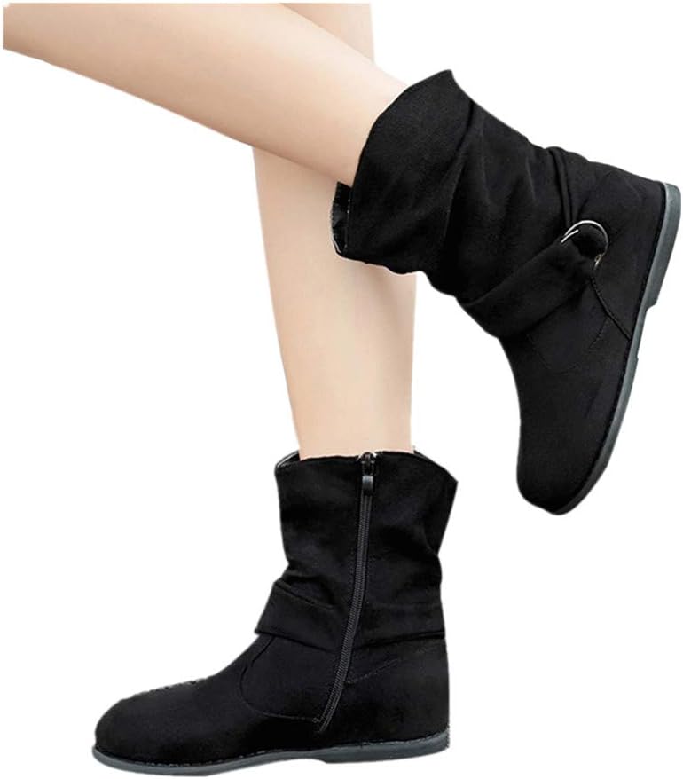 Women's Winter Snow Boots Zipper Buckles Strap Warm Ankle Mid Flat Boot