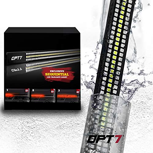 OPT7 60″ Redline Triple LED Tailgate Light Bar w/Sequential RED Turn Signal – 1,200 LED Solid Beam – Weatherproof No Drill Install – Full Function Reverse Brake Running 2yr Warranty