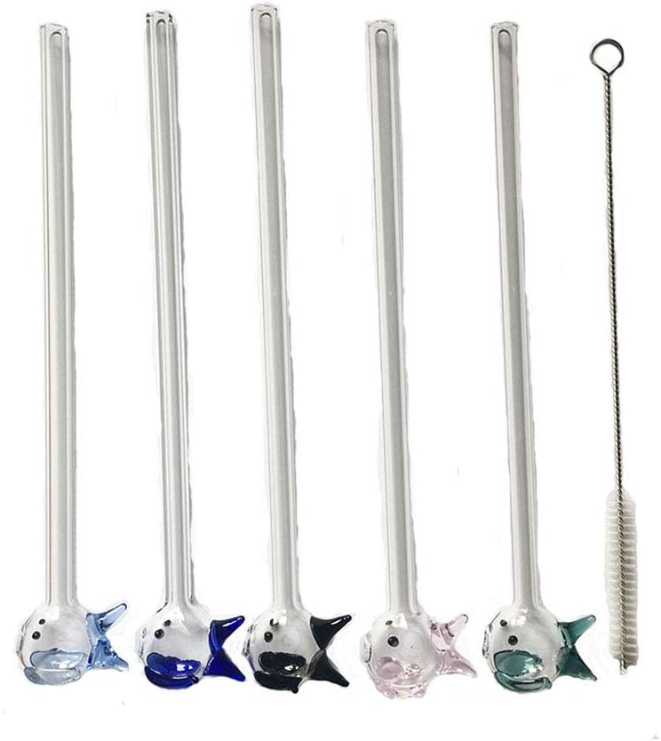 UniDes Reusable Glass Drinking Straws 8" x 8 mm, Cute Fish in the Bottom of Glass Straw - 5 Pack with Cleaning Brush,Multi Color