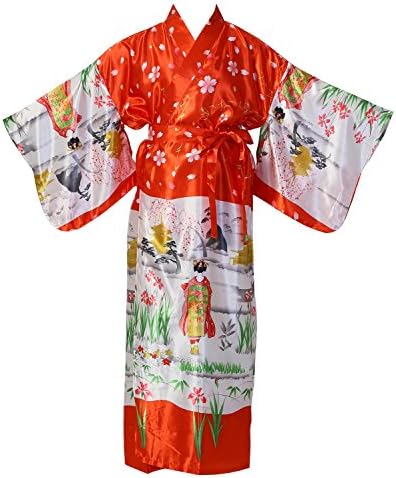 Japanese Satin Kimono Robes long style with belt (Red)