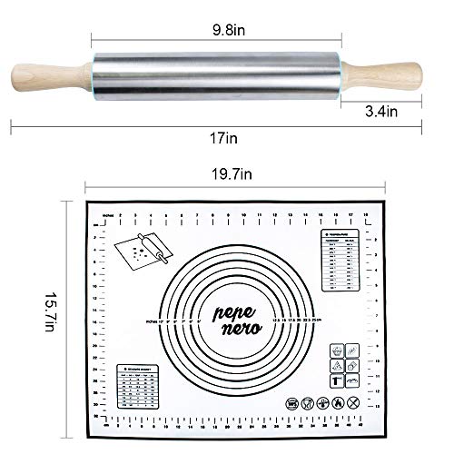 Rolling Pin and Silicone Pastry Mat Set,Stainless Steel Rolling Pin for Baking Dough,Fondant,Dumpling,Pizza,Pie,Pastries,Pasta and Cookies (stainless steel) - Thumbnail 2