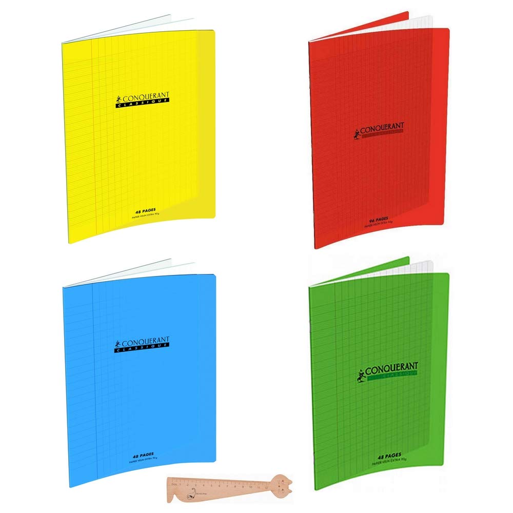 Blumie Shop Set of 4 Exercise Books (48 Pages, 24 x 32cm) with Polypropylene Covers and Large Squared Pages + 1 x Ballpoint Pen