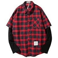 Hotmiss Mens Fashion Long Sleeves Hipster Hip Hop Button up Plaid Long Shirt (Red, Large)