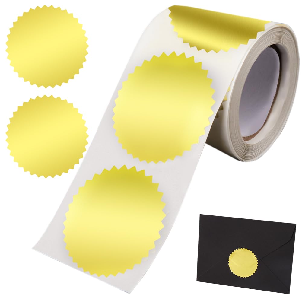 CRASPIRE 250Pcs Gold Envelope Seals Stickers Certificate Award Seals Stickers Blank Gold Stickers Gold Metallic Stickers with Serrated Edge 2" Round Labels Gold Foil Stickers for Package