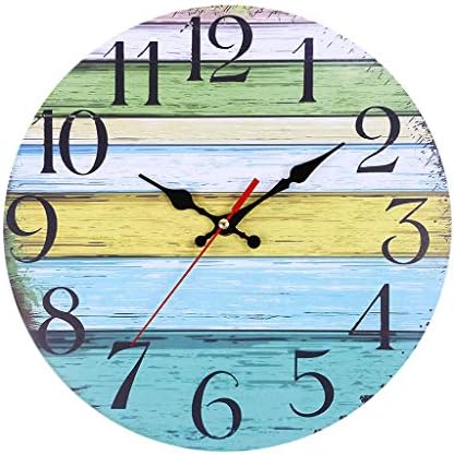 Pathsdie Wooden color paper drawing frameless glass round with bracket retro living room wall clock Living room acrylic decorative mirror sound quartz wall clock (B)