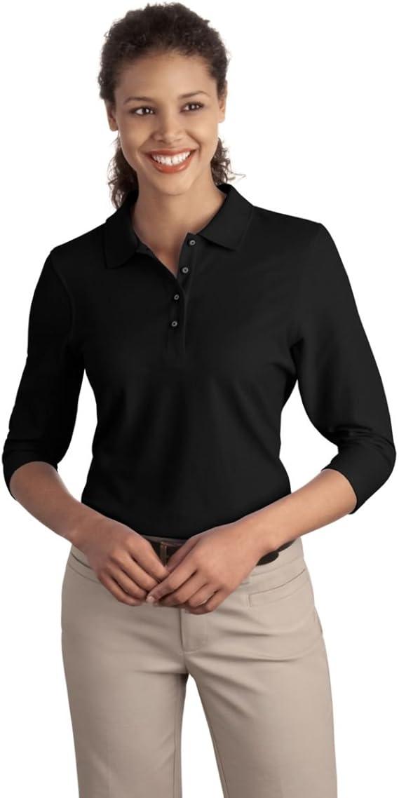 Port Authority Ladies Silk Touch 3/4-Sleeve Sport Shirt, Black, M at Amazon Womenâs Clothing 