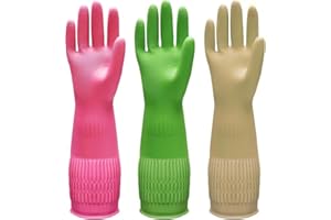3 Pairs Dishwashing Gloves, 15" Cuff Reusable Cleaning Gloves for Kitchen, Bathroom & Household Chores - Thick Flexible Latex