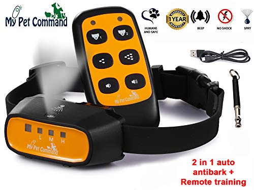 My Pet Command 2 in 1 Auto Citronella bark remote dog training collar Safe Humane for pets Anti bark spray collar with advanced bark detection mode Adjustable sensitivity levels Bonus training whistle