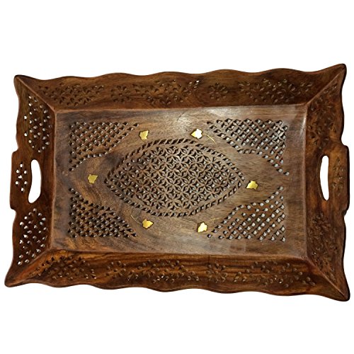 Valentine Day Special Present,  Wood Handmade 14.5 X 10 Inch Tray - Wooden Serving Tray with Brass Etchings Unique Design