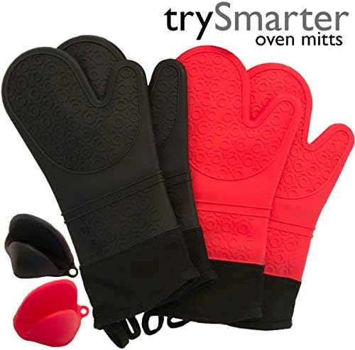trySmarter Silicone Oven Mitts (3 Piece Set) – Pair Extra Long Professional, Quilted Liner, Gloves for Cooking, Baking, Barbecue + FREE 1 Mini Oven Mitt, Pinch Grip – Red &amp; Black (Black Color)