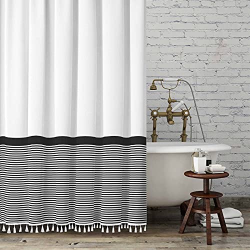 Black and White Tassel Shower Curtain Striped