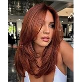 vedar Auburn Red Wigs with Bangs, Copper Red Wigs for Women, Shoulder Length Synthetic Hair Red Full Wig, Middle Length Straight Hair Wig, 20 inch VEDAR-235