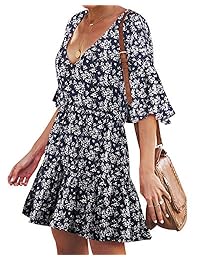 BELONGSCI Vestido de verano para mujer Mini vestido corto con cuello en V y manga media campana Fiesta floral