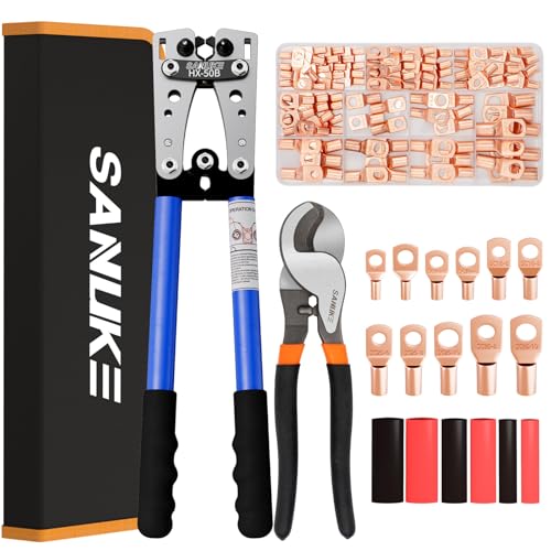Photo 1 of Sanuke Battery Cable Lug Crimping Tool Kit for AWG 8-1/0 Electrical Wire Lugs, Wire Crimper with 100pcs Ring Terminals 100pcs Heat Shrink Tubing and A Bag