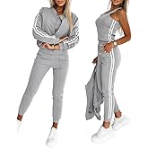 CHICME Women's Three Piece Outfits Striped Tape Patch Tank Tops Bomber Jacket with Sporty Pants Tracksuit Lounge Sets