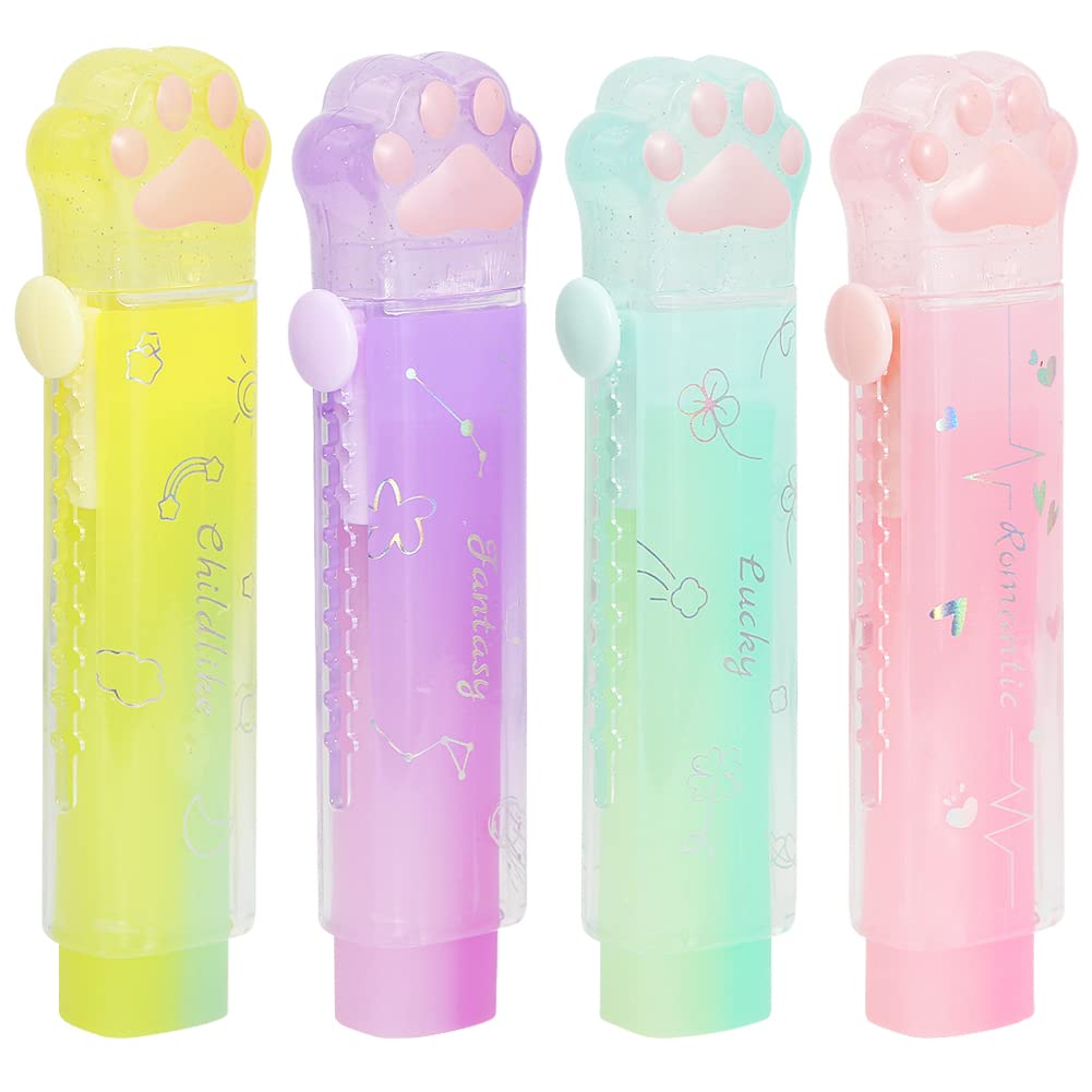 4 Pcs Cute Cat Paw Eraser, Retractable Rubber for Kids, Gradient Color Erasers, Rainbow Cute Cat Erasers, Push-Pull Rubber Eraser for Students Writing Office School Supplies