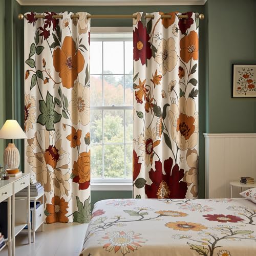 JINCHAN Lora Vintage Floral Blackout Curtains for Bedroom Mid Century Bohemian Room Darkening Drape Flower Patterned Curtains 84 Inches Long Grommet Window Drapes Set 2 Panels Beige