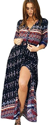Clearance! ZOMUSA Women Floral Print Half Sleeve Tunic Bohemian Evening Party Dress (XL, Brown)