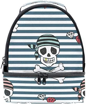 ALINLO Stripes Skull Pirates Pattrern Lunch Bag Insulated Cooler Tote Box with Adjustable Shoulder Strap for Pincnic School