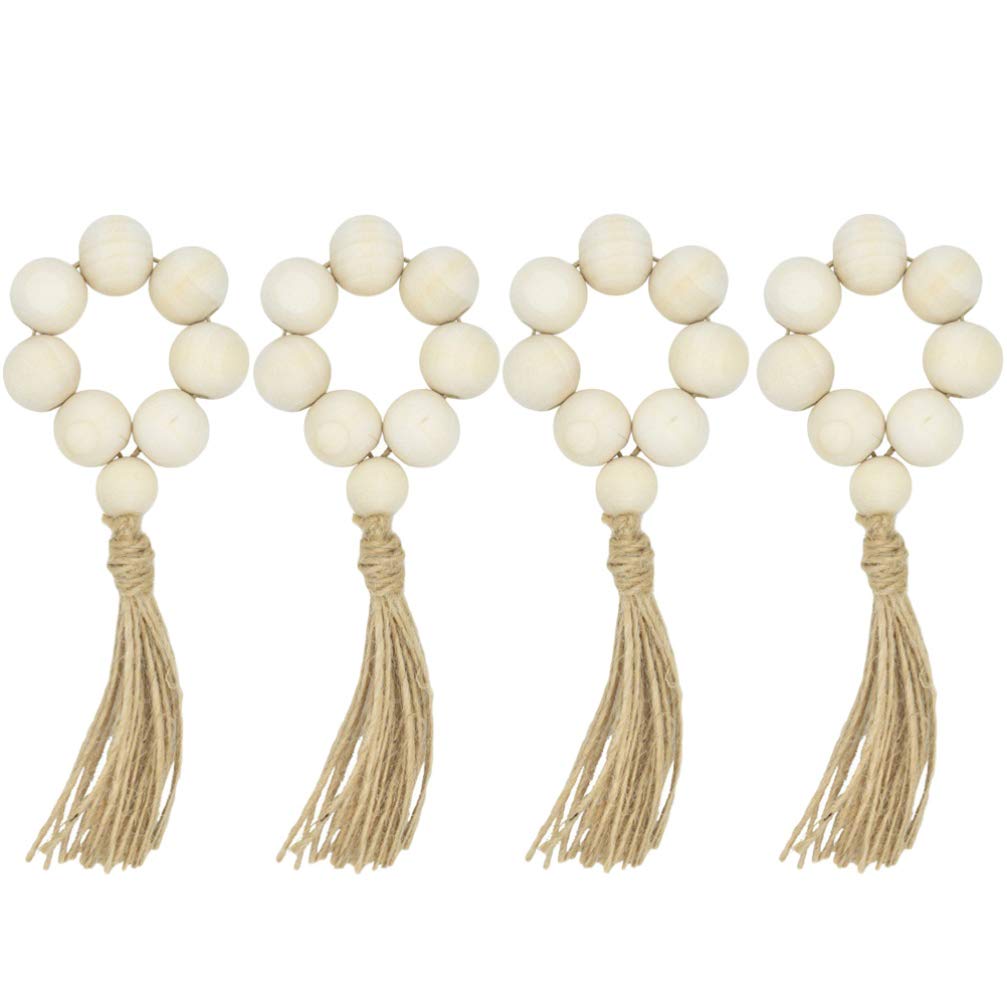 EXCEART 4pcs Tassel Beaded Napkin Ring Wooden Napkin Buckle Natural Wood Beaded Napkin Buckle Handmade Wooden Bead Napkin Rings Tassel Wood Napkin Buckle Dining Napkin Buckle for Desktop Decoration
