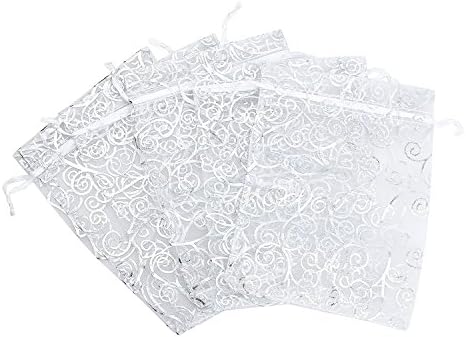 Wetco 100 Pcs 3.5 x 4.7" Organza Gift Bags with Drawstring Party Bags Candy Bags Jewelry Bags (Patterned Silver)