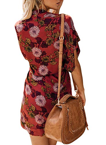 Eytino Women Floral Deep V Neck Short Sleeve Tie Waist Mini Casual T Shirt Dress,Large Sky Red