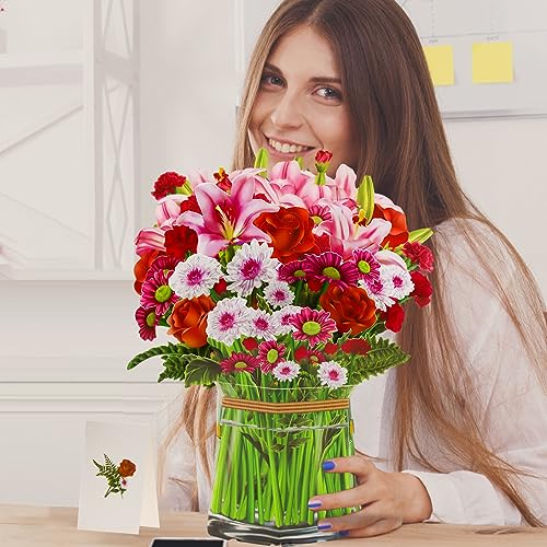 STFALI Paper Flowers Pop Up Cards, 3D Flower Birthday Cards Roses & Carnations & Daisies & Lilies, 12 inch Life Sized, Forever Flower Bouquet Graduation Cards with Note Card and Envelope