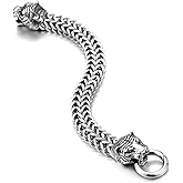 COOLSTEELANDBEYOND Mens Steel Franco Link Curb Chain Bracelet with Vintage Tiger Head Spring Ring Clasp 8.5 Inches