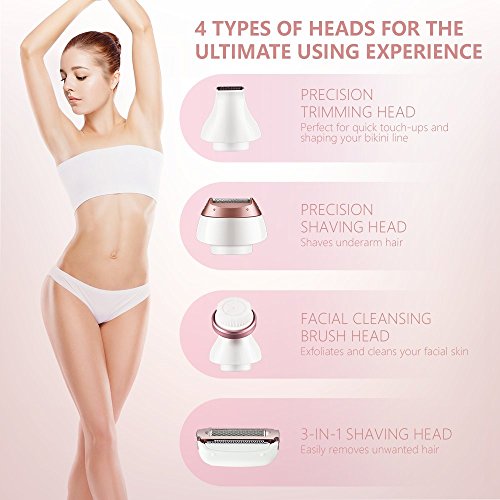 Ladies Electric Shaver, Lavany 4 in 1 Waterproof Rechargeable Cordless Electric Razor for Women with Body Hair Bikini Trimmer and Facial Cleansing Brush, Wet/Dry