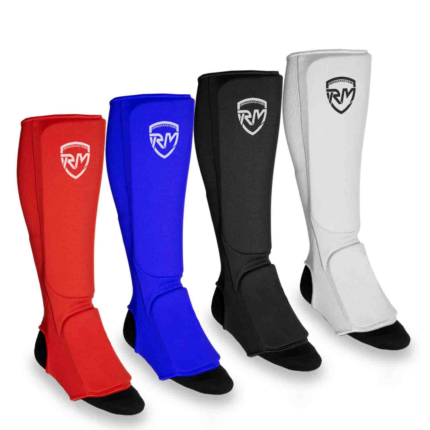 RingMaster Elastic Shin Instep Pads Leg Foot Guard Kickboxing Karate MMA Thai Martial Arts Training (Pair) (X Large, Red)