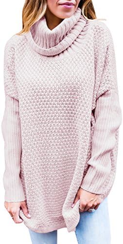 VOKY Women Cowl Neck Knit Sweater Chunky Oversized Loose Sweater(S,PINK)